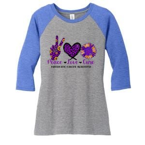 Peace Love Cure Pancreatic Cancer Awareness Purple Graphic Meaningful Gift Women's Tri-Blend 3/4-Sleeve Raglan Shirt