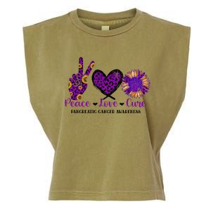 Peace Love Cure Pancreatic Cancer Awareness Purple Graphic Meaningful Gift Garment-Dyed Women's Muscle Tee