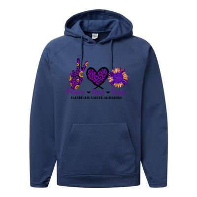 Peace Love Cure Pancreatic Cancer Awareness Purple Graphic Meaningful Gift Performance Fleece Hoodie