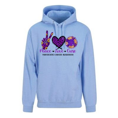 Peace Love Cure Pancreatic Cancer Awareness Purple Graphic Meaningful Gift Unisex Surf Hoodie