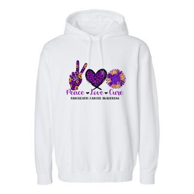 Peace Love Cure Pancreatic Cancer Awareness Purple Graphic Meaningful Gift Garment-Dyed Fleece Hoodie