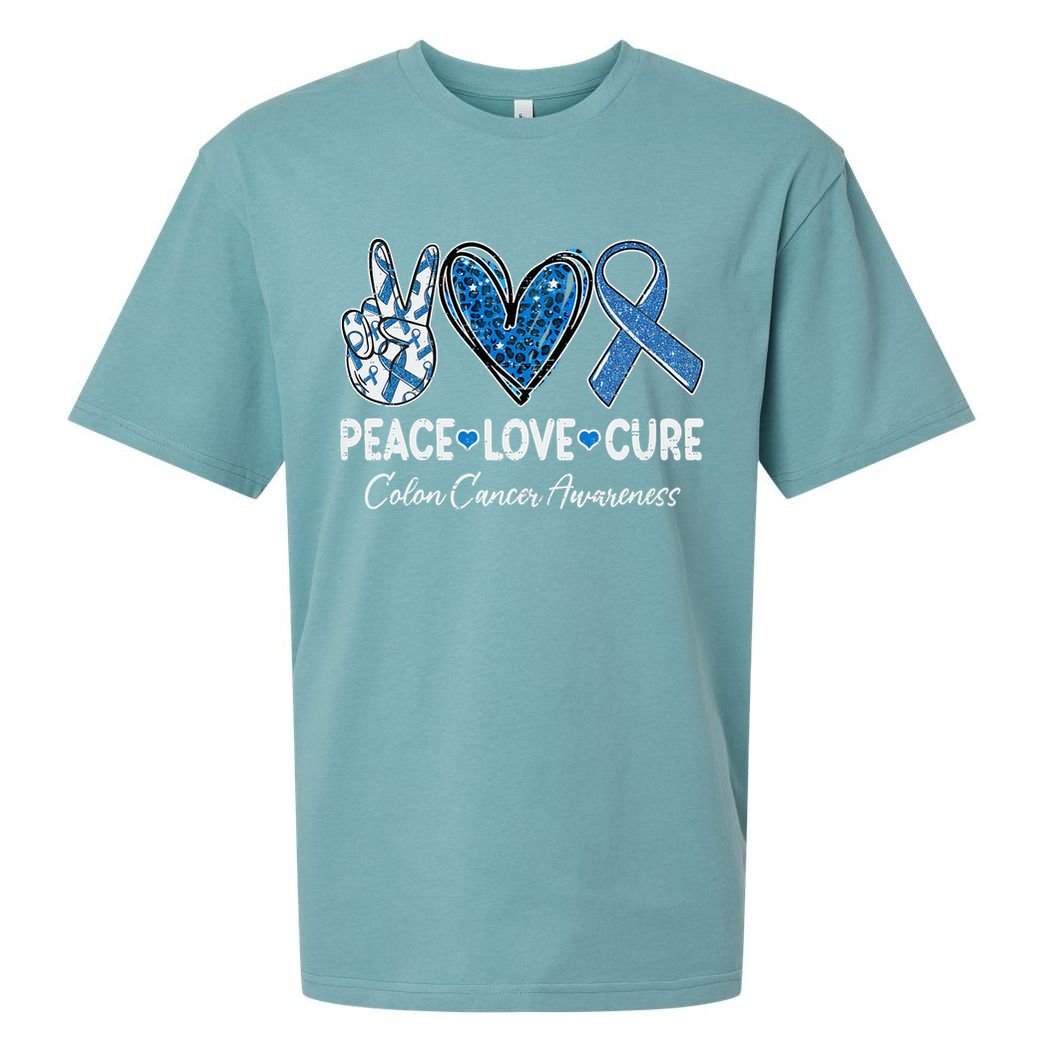 Peace Love Cure Colorectal Colon Cancer Awareness Support Sueded Cloud Jersey T-Shirt