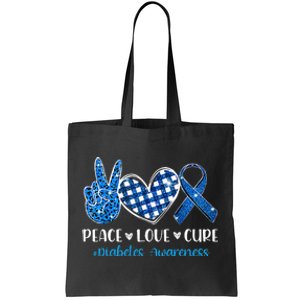 Peace Love Cure Grey Blue Ribbon Diabetes Awareness Tote Bag