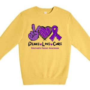 Peace Love Cure Pancreatic Cancer Awareness Purple Ribbon Cool Gift Premium Crewneck Sweatshirt