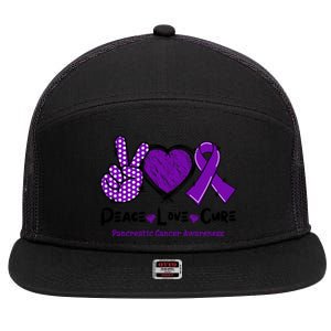 Peace Love Cure Pancreatic Cancer Awareness Purple Ribbon Cool Gift 7 Panel Mesh Trucker Snapback Hat