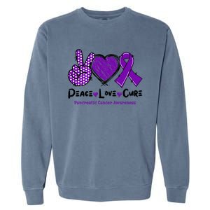 Peace Love Cure Pancreatic Cancer Awareness Purple Ribbon Cool Gift Garment-Dyed Sweatshirt