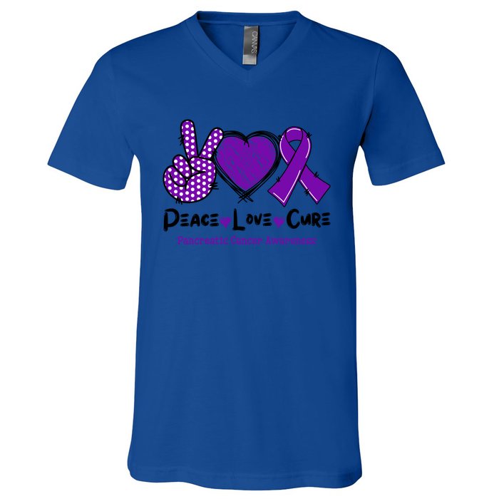 Peace Love Cure Pancreatic Cancer Awareness Purple Ribbon Cool Gift V-Neck T-Shirt