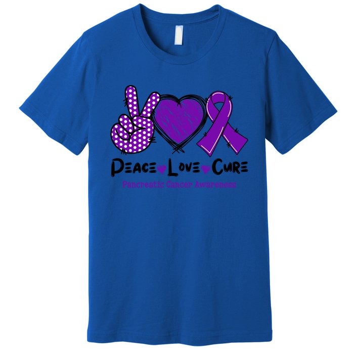 Peace Love Cure Pancreatic Cancer Awareness Purple Ribbon Cool Gift Premium T-Shirt