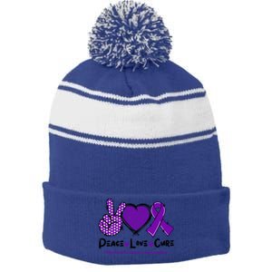 Peace Love Cure Pancreatic Cancer Awareness Purple Ribbon Cool Gift Stripe Pom Pom Beanie