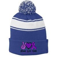 Peace Love Cure Pancreatic Cancer Awareness Purple Ribbon Cool Gift Stripe Pom Pom Beanie