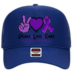 Peace Love Cure Pancreatic Cancer Awareness Purple Ribbon Cool Gift High Crown Mesh Back Trucker Hat