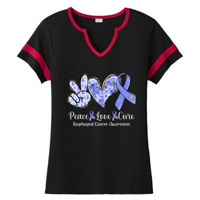 Peace Love Cure Periwinkle Ribbon Esophageal Cancer Ladies Halftime Notch Neck Tee