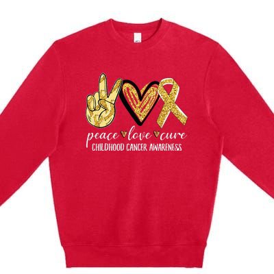 Peace Love Cure Childhood Cancer Awareness Gold Ribbon Premium Crewneck Sweatshirt