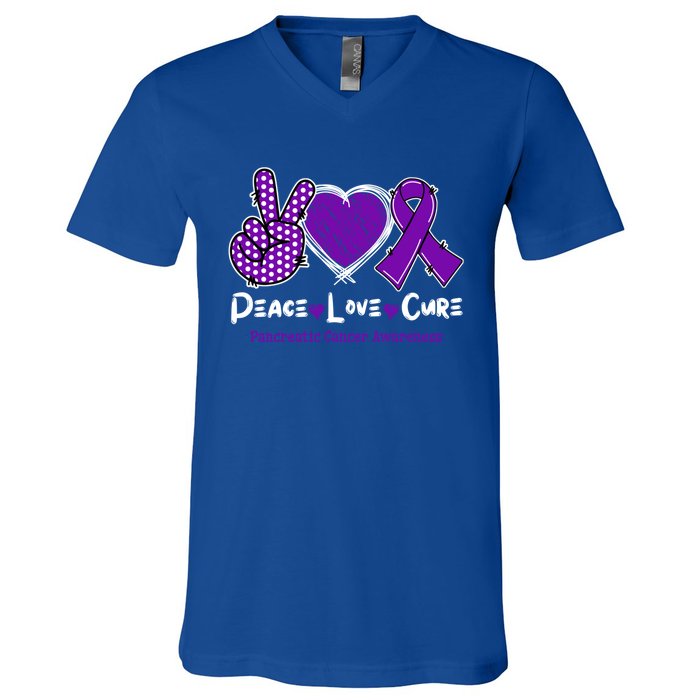 Peace Love Cure Pancreatic Cancer Awareness Purple Ribbon Cute Gift V-Neck T-Shirt