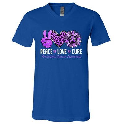 Peace Love Cure Pancreatic Cancer Awareness Purple Sunflower Cute Gift V-Neck T-Shirt