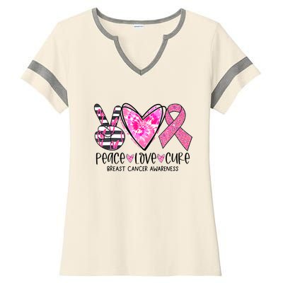 Peace Love Cure Breast Cancer Awareness Pink Ribbon Tie Dye Ladies Halftime Notch Neck Tee