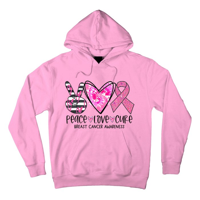 Peace Love Cure Breast Cancer Awareness Pink Ribbon Tie Dye Hoodie