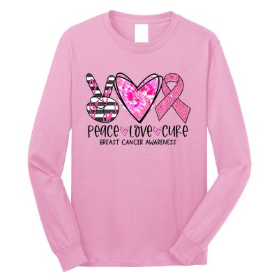 Peace Love Cure Breast Cancer Awareness Pink Ribbon Tie Dye Long Sleeve Shirt