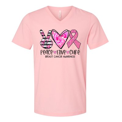 Peace Love Cure Breast Cancer Awareness Pink Ribbon Tie Dye V-Neck T-Shirt