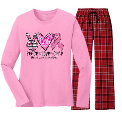 Peace Love Cure Breast Cancer Awareness Pink Ribbon Tie Dye Women's Long Sleeve Flannel Pajama Set 