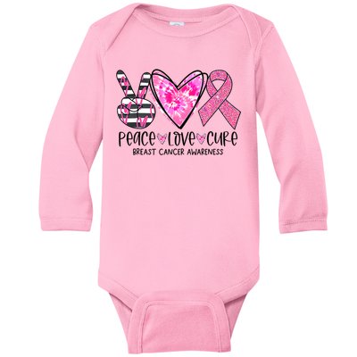 Peace Love Cure Breast Cancer Awareness Pink Ribbon Tie Dye Baby Long Sleeve Bodysuit