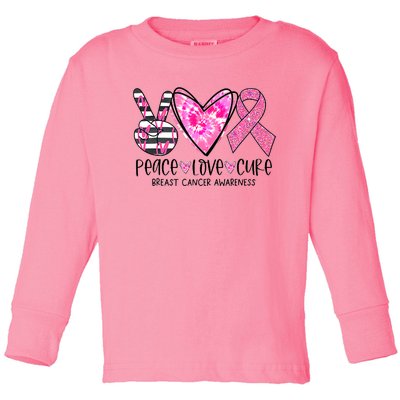 Peace Love Cure Breast Cancer Awareness Pink Ribbon Tie Dye Toddler Long Sleeve Shirt