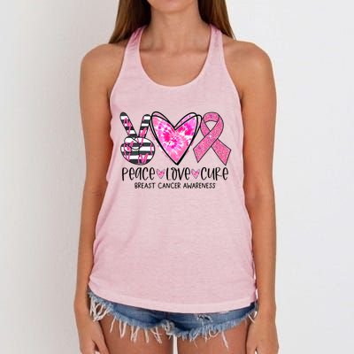 Peace Love Cure Breast Cancer Awareness Pink Ribbon Tie Dye Women's Knotted Racerback Tank