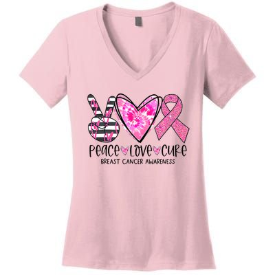 Peace Love Cure Breast Cancer Awareness Pink Ribbon Tie Dye Women's V-Neck T-Shirt