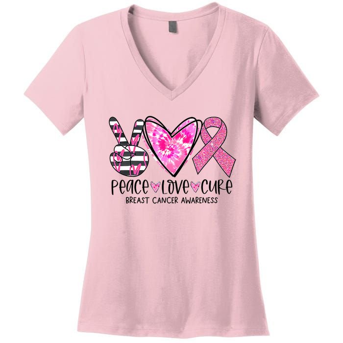 Peace Love Cure Breast Cancer Awareness Pink Ribbon Tie Dye Women's V-Neck T-Shirt