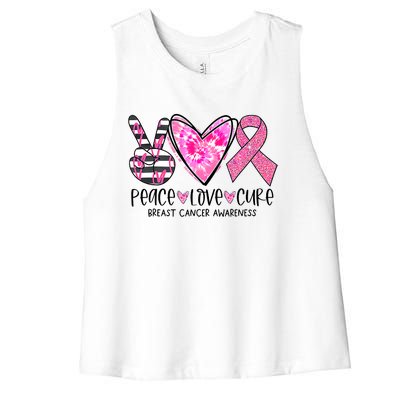 Peace Love Cure Breast Cancer Awareness Pink Ribbon Tie Dye Women's Racerback Cropped Tank