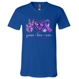 Peace Love Cure Pancreatic Cancer Awareness Sign Hand Cool Gift V-Neck T-Shirt