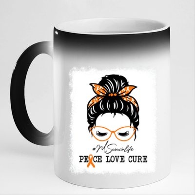 Peace Love Cure Cousin Messy Bun Multiple Sclerosis Gift 11oz Black Color Changing Mug