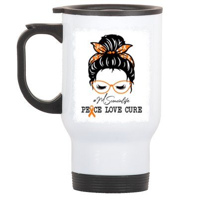 Peace Love Cure Cousin Messy Bun Multiple Sclerosis Gift Stainless Steel Travel Mug