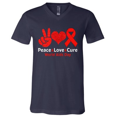 Peace Love Cure Red Ribbon Survivor Week V-Neck T-Shirt