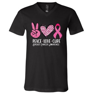 Peace Love Cure Breast Cancer Awareness Warrior Pink Ribbon V-Neck T-Shirt