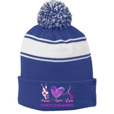 Peace Love Cure Pancreatic Cancer Awareness 'S Gift Stripe Pom Pom Beanie