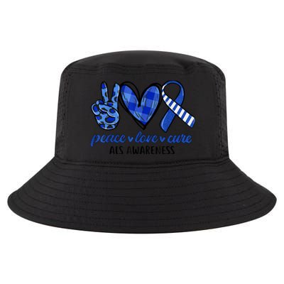 Peace Love Cure Blue & White Ribbon ALS Awareness Month Cool Comfort Performance Bucket Hat