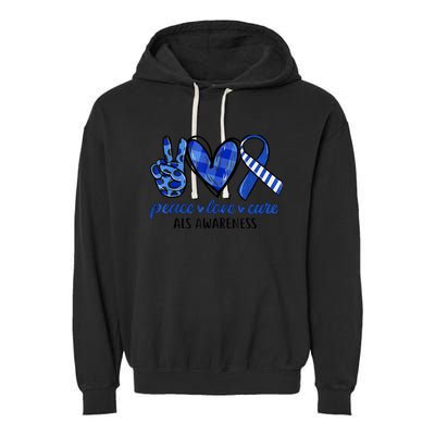 Peace Love Cure Blue & White Ribbon ALS Awareness Month Garment-Dyed Fleece Hoodie