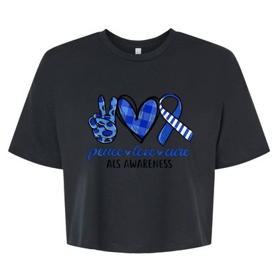 Peace Love Cure Blue & White Ribbon ALS Awareness Month Bella+Canvas Jersey Crop Tee