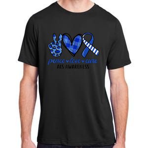 Peace Love Cure Blue & White Ribbon ALS Awareness Month Adult ChromaSoft Performance T-Shirt