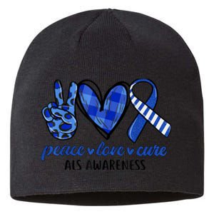 Peace Love Cure Blue & White Ribbon ALS Awareness Month Sustainable Beanie