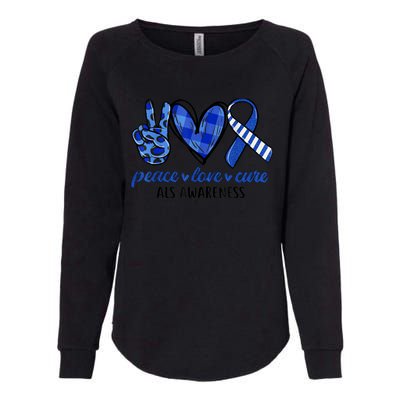 Peace Love Cure Blue & White Ribbon ALS Awareness Month Womens California Wash Sweatshirt