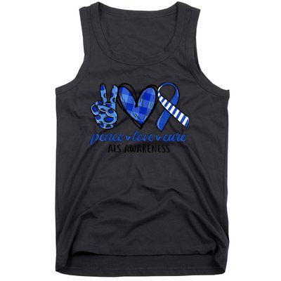 Peace Love Cure Blue & White Ribbon ALS Awareness Month Tank Top