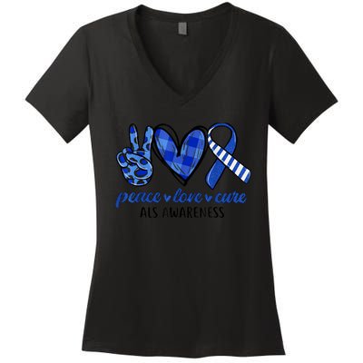 Peace Love Cure Blue & White Ribbon ALS Awareness Month Women's V-Neck T-Shirt