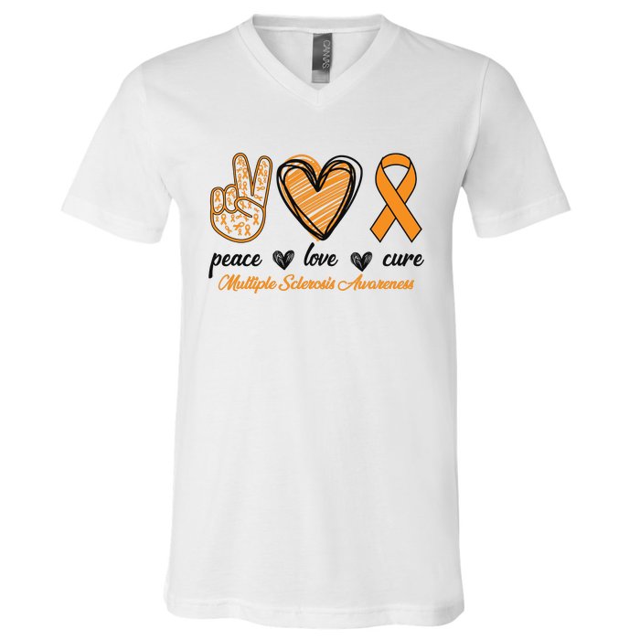 Peace Love Cure Multiple Sclerosis V-Neck T-Shirt