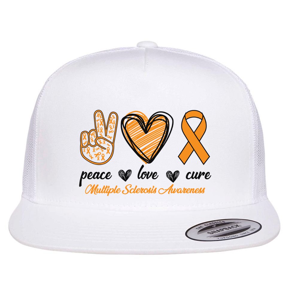 Peace Love Cure Multiple Sclerosis Flat Bill Trucker Hat