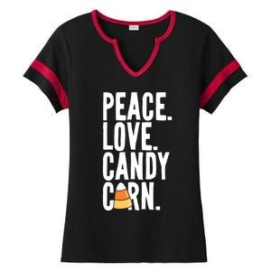 Peace Love Candy Corn Funny Halloween Cute Gift Ladies Halftime Notch Neck Tee