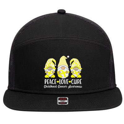 Peace Love Cure Childhood Cancer Awareness Ribbon Gnomies 7 Panel Mesh Trucker Snapback Hat
