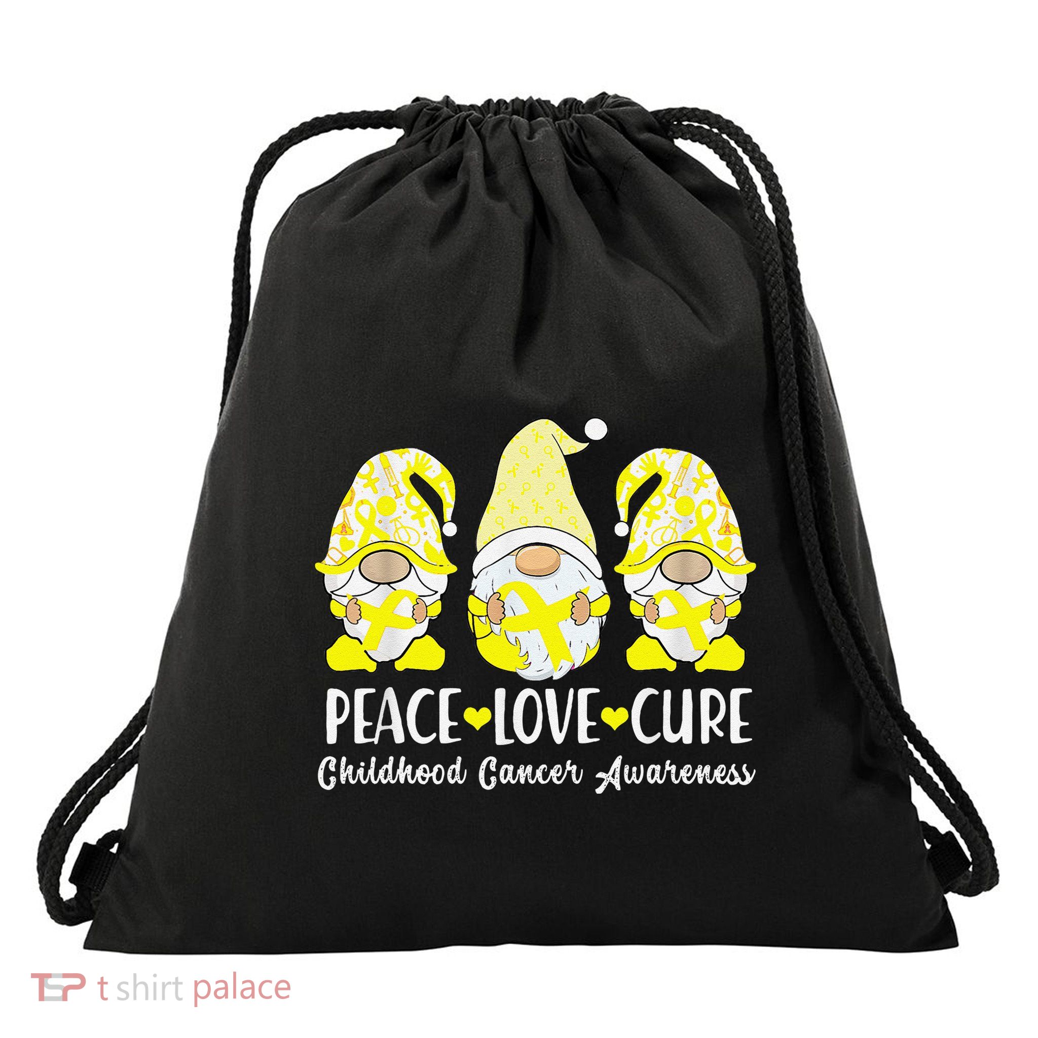 Peace Love Cure Childhood Cancer Awareness Ribbon Gnomies Drawstring Bag