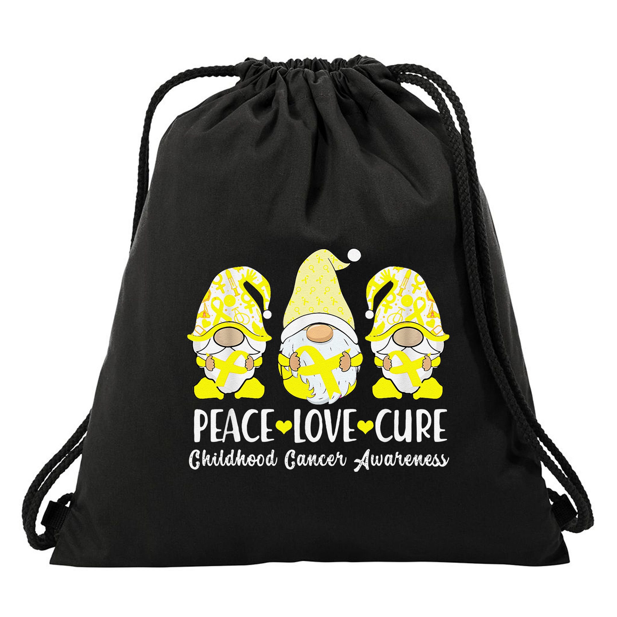 Peace Love Cure Childhood Cancer Awareness Ribbon Gnomies Drawstring Bag